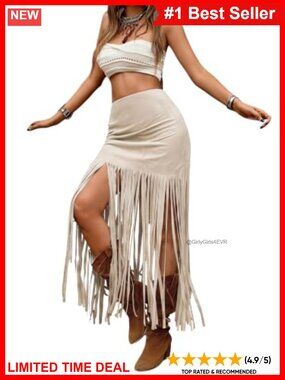 Fringe Western Maxi Skirt High Waisted Tassel Suede